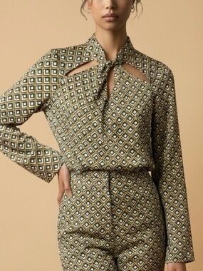 MOTF Geometric Bow-Tie Neck Blouse in White, Black & Gold